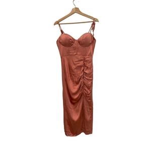 Here Comes the Sun Medium Pink Rose Bustier Satin Midi Dress With Tags